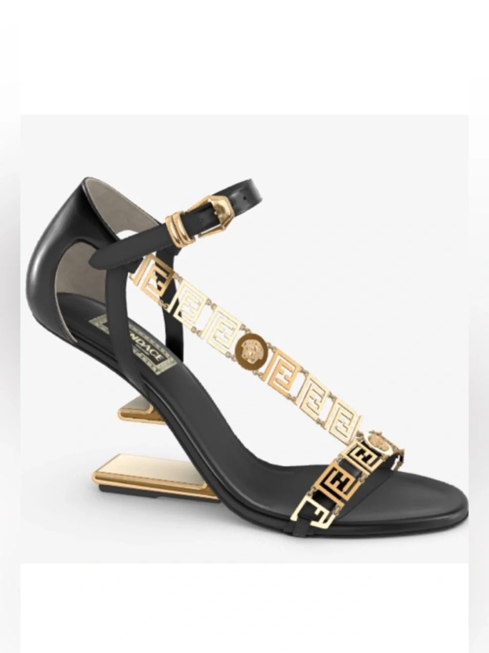 Fendi First Fendace  Black Leather T-Strap Heels with Gold Medusa Chain